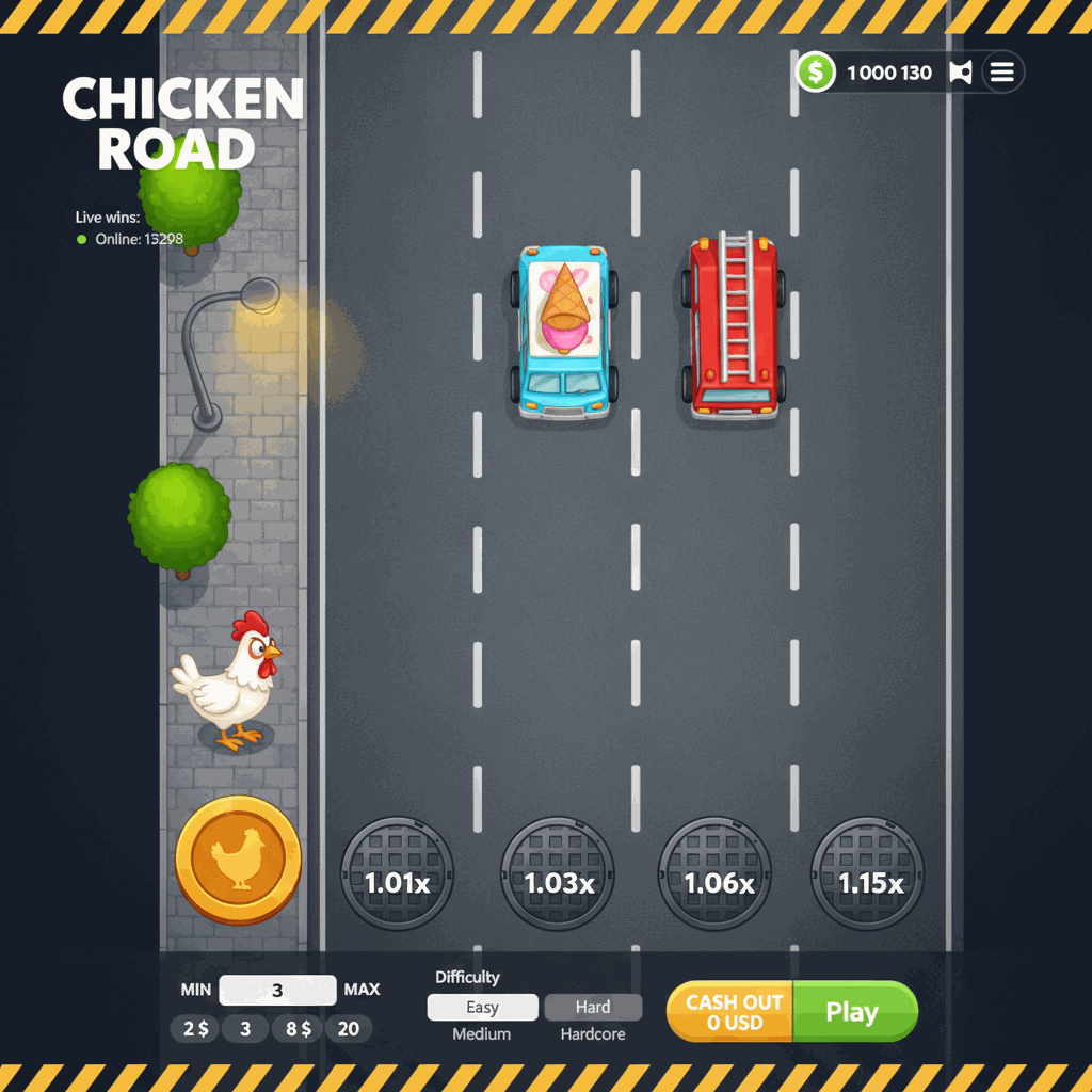 Chicken Road Spielbildschirm: Ein weißes Cartoon-Huhn steht am Straßenrand einer mehrspurigen Asphaltstraße mit weißen Spurmarkierungen, bereit die Überquerung zu starten, während Multiplikatoren auf Kanaldeckeln in jeder Spur angezeigt werden