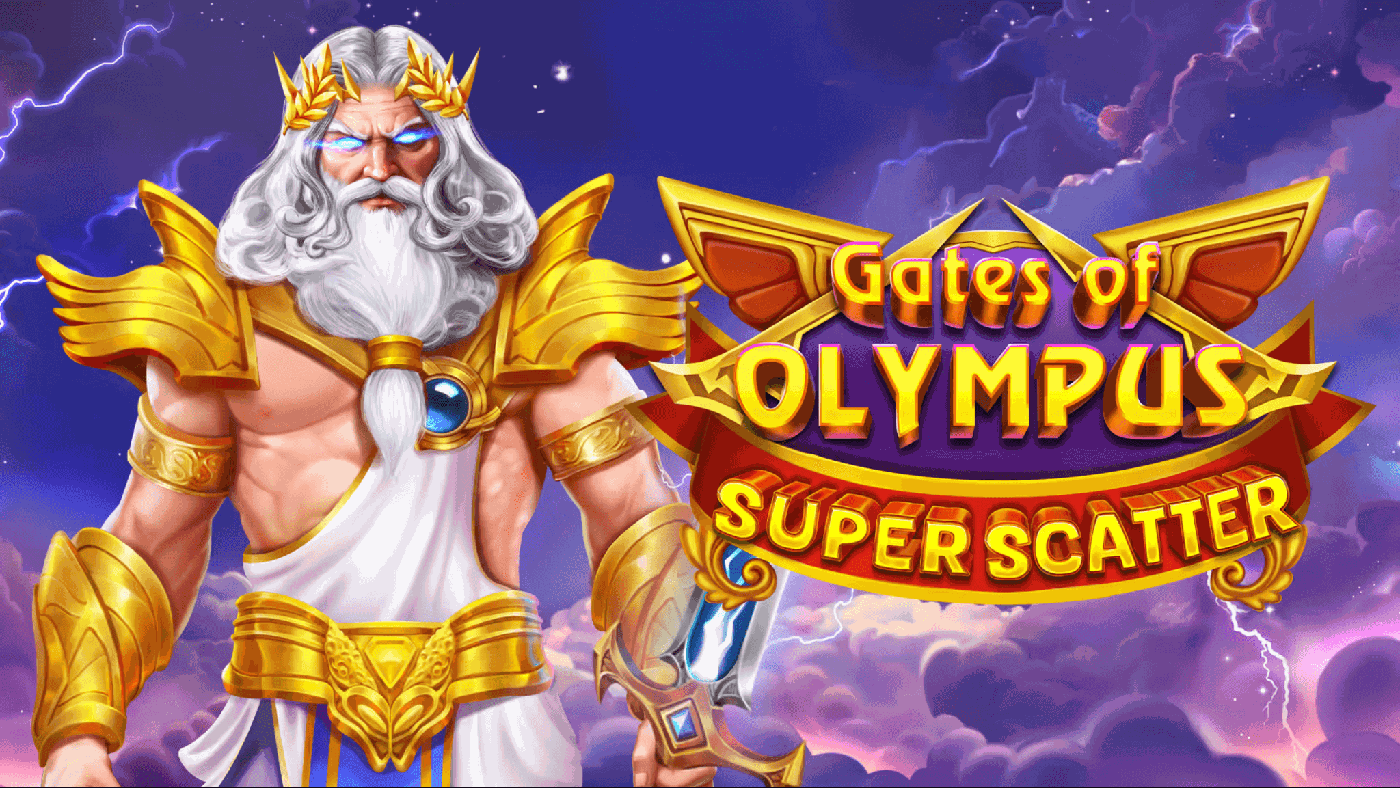 Gates of Olympus Super Scatter: Zeus mit weißem Bart und goldener Krone thront über dem Walzenfeld mit lila Kristallen, goldenen Münzsymbolen und dem roten Super-Scatter-Banner